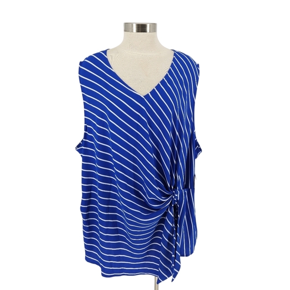 Liz Claiborne Shirt Blue Striped Sleeveless V Neck Ruched Tie Tank Top Blouse 4X